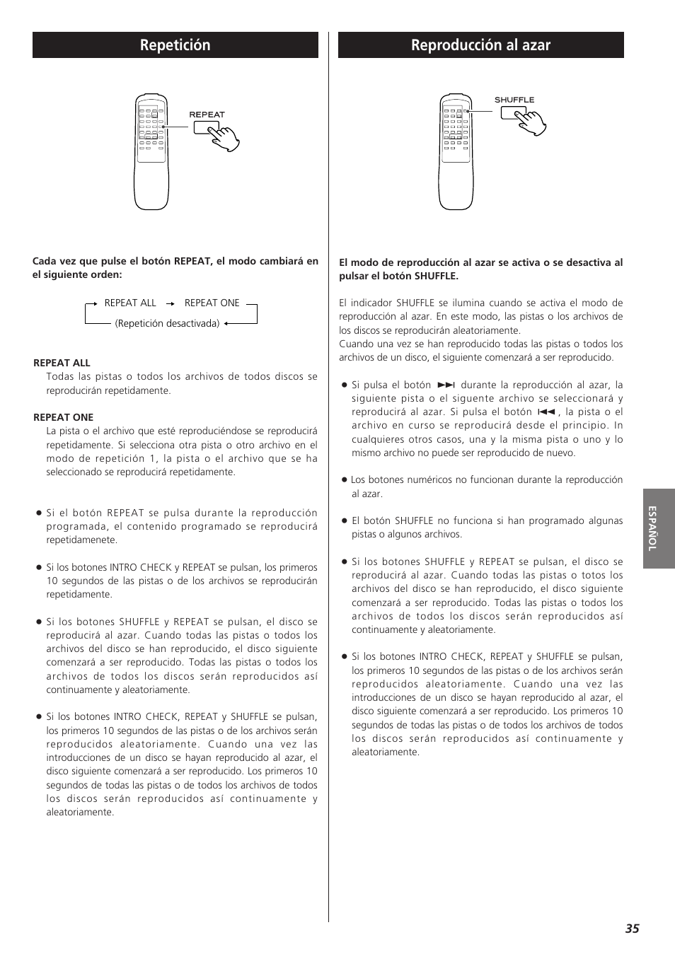 Repetición, Reproducción al azar | Teac PD-D2610 User Manual | Page 35 / 40