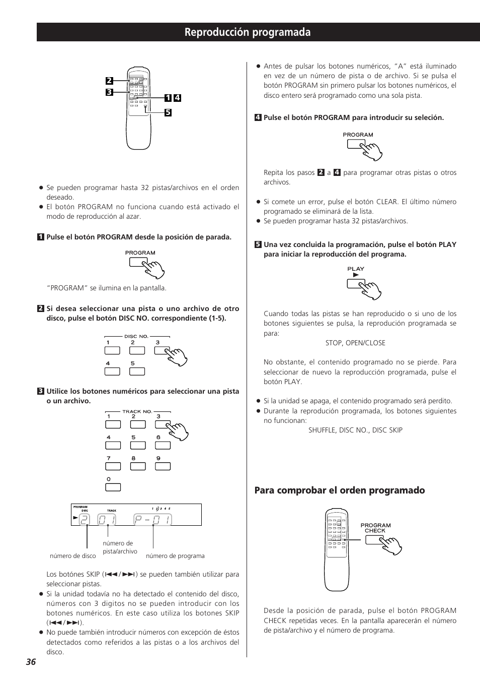 Reproducción programada, Para comprobar el orden programado | Teac PD-D2610 User Manual | Page 36 / 40