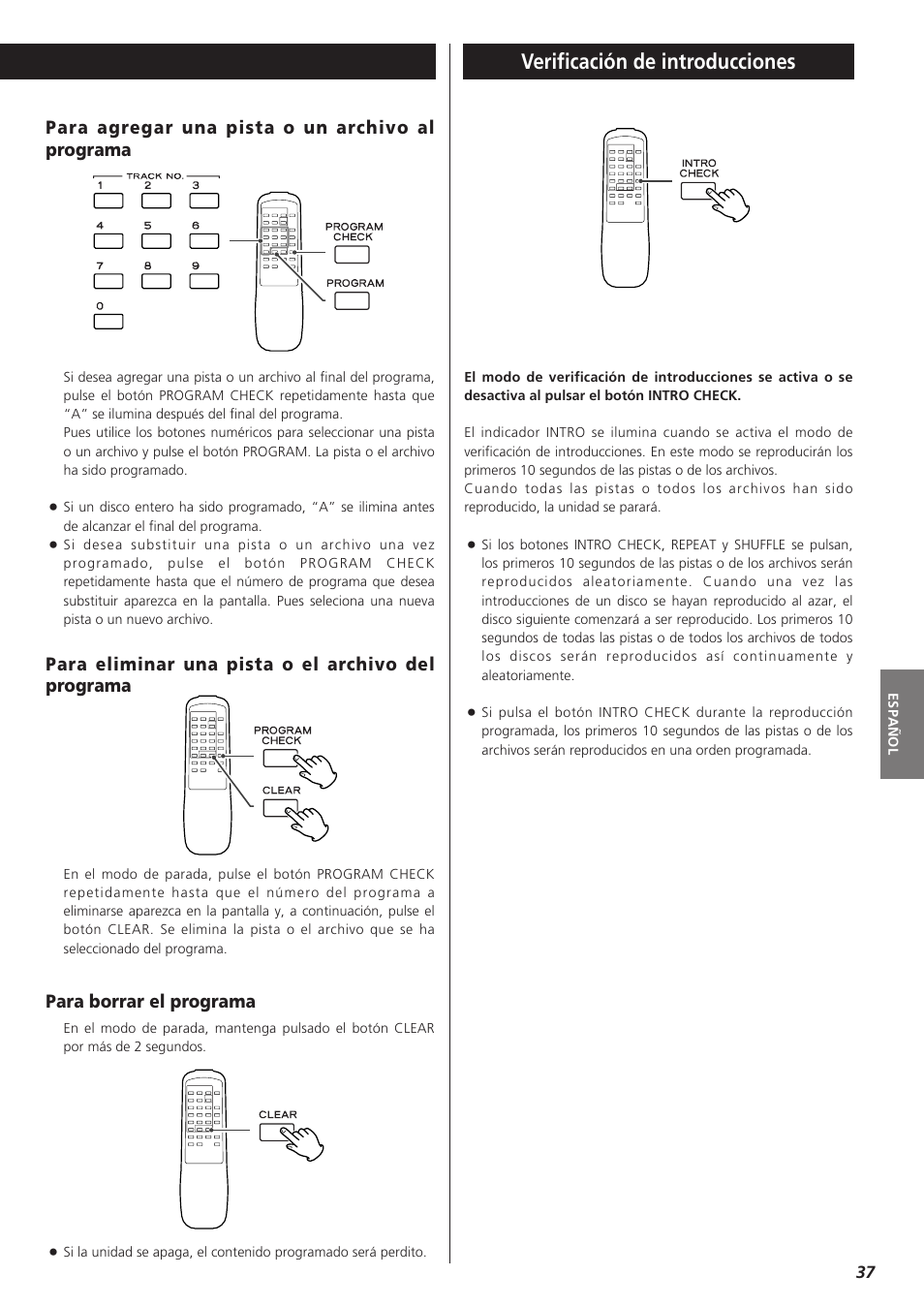 Verificación de introducciones, Para agregar una pista o un archivo al programa | Teac PD-D2610 User Manual | Page 37 / 40