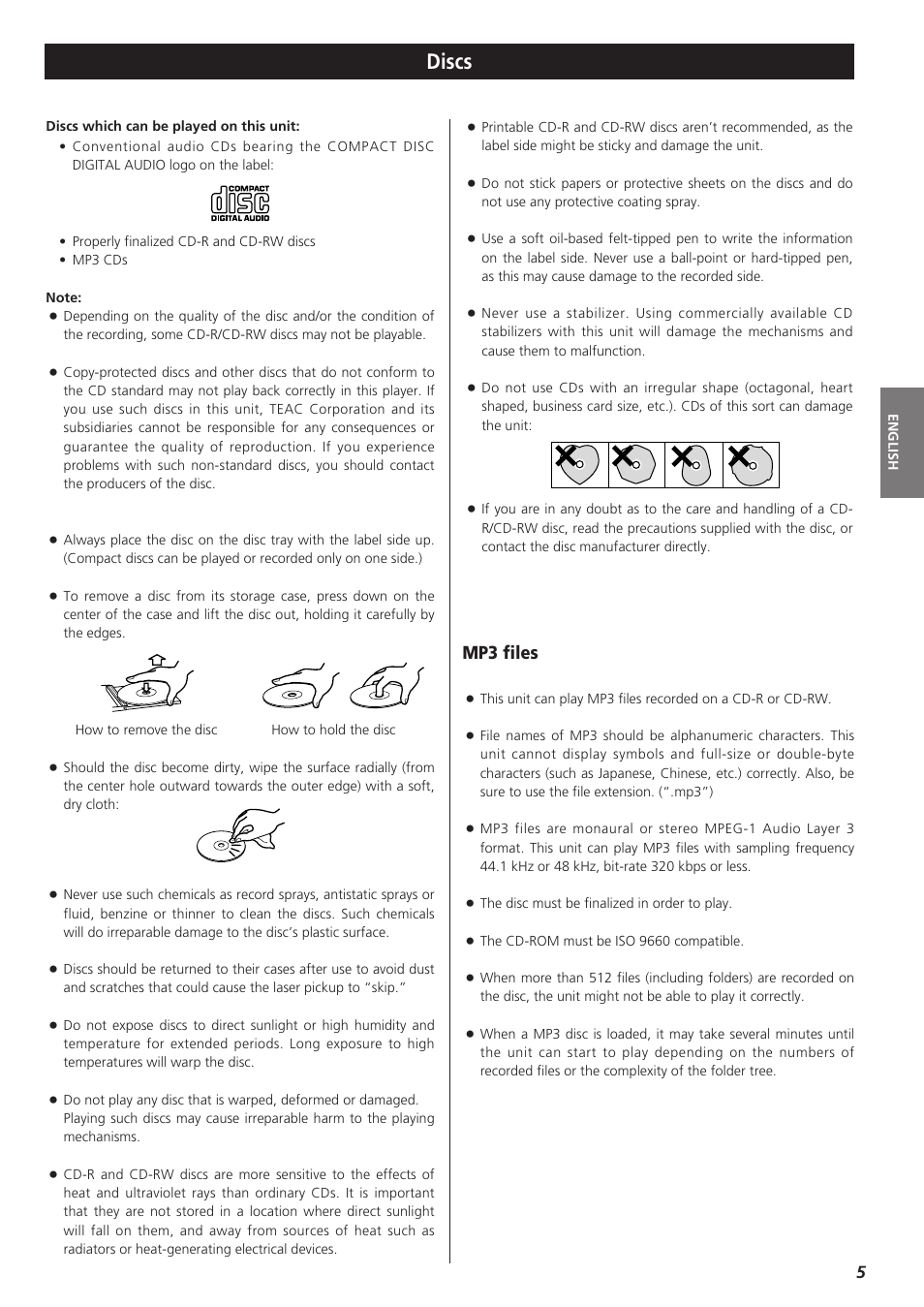 Discs, Mp3 files | Teac PD-D2610 User Manual | Page 5 / 40