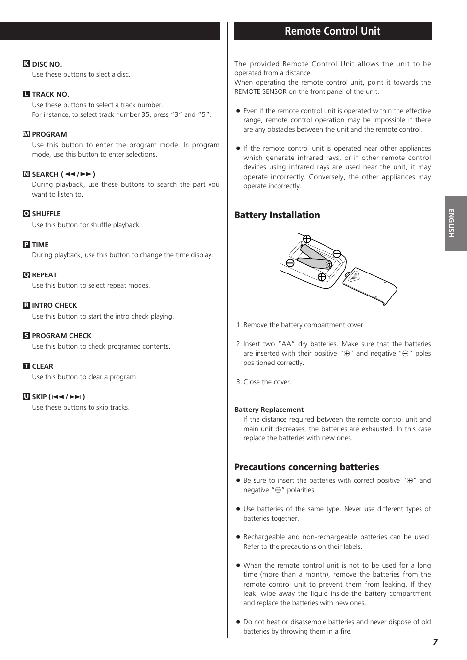 Remote control unit, Precautions concerning batteries, Battery installation | Teac PD-D2610 User Manual | Page 7 / 40