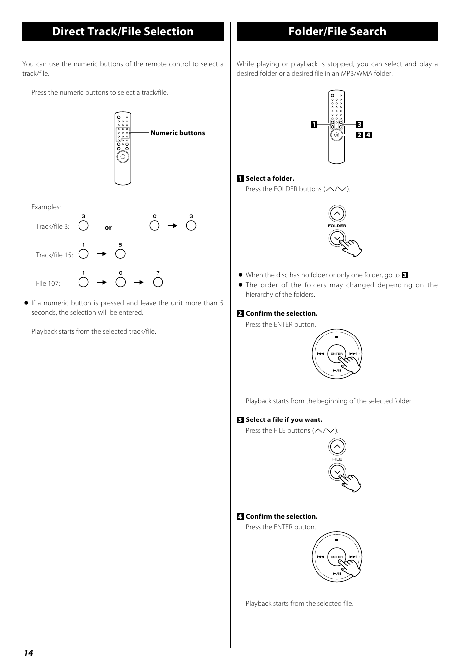 Direct track/file selection, Folder/file search, Repeat playback | Shuffle playback, Direct track/file selection folder/file search | Teac PD-H600 User Manual | Page 14 / 52