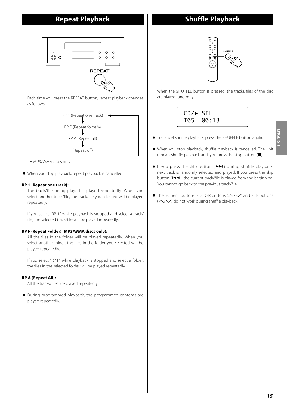 Repeat playback, Shuffle playback | Teac PD-H600 User Manual | Page 15 / 52