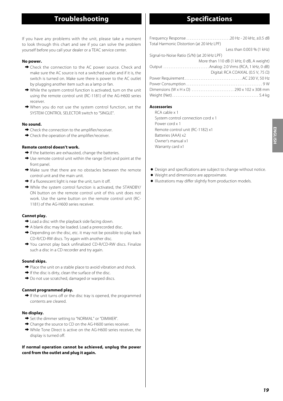 Troubleshooting, Specifications | Teac PD-H600 User Manual | Page 19 / 52