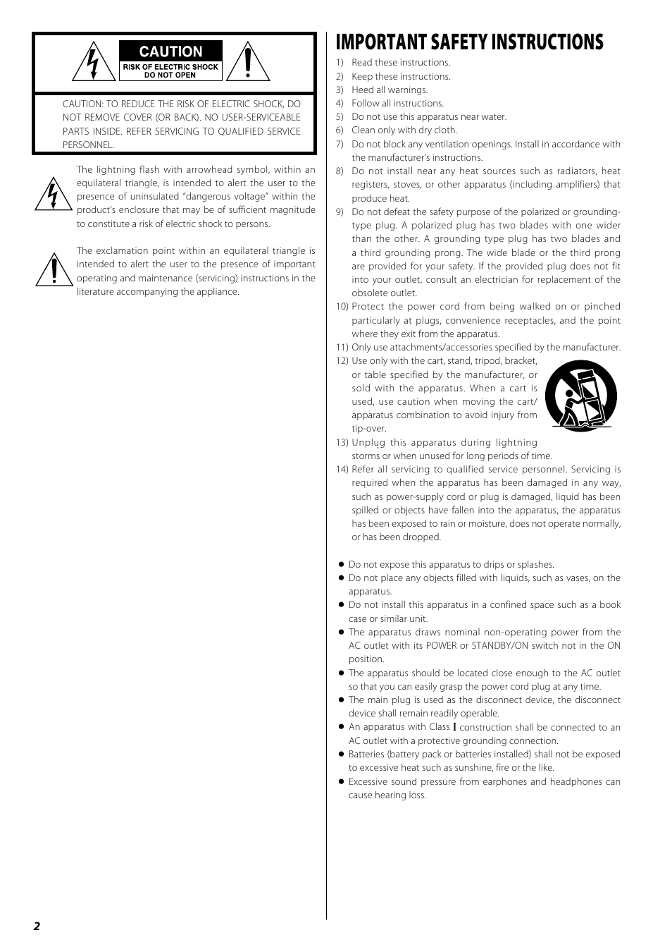 Owner’s manual, Important safety instructions | Teac PD-H600 User Manual | Page 2 / 52