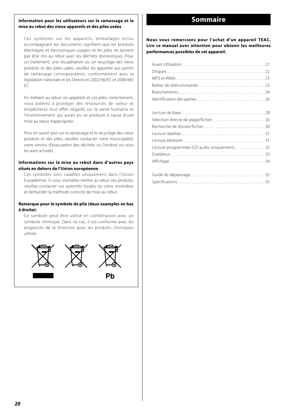 Manuel du propriéaire, Avant utilisation, Sommaire | Teac PD-H600 User Manual | Page 20 / 52