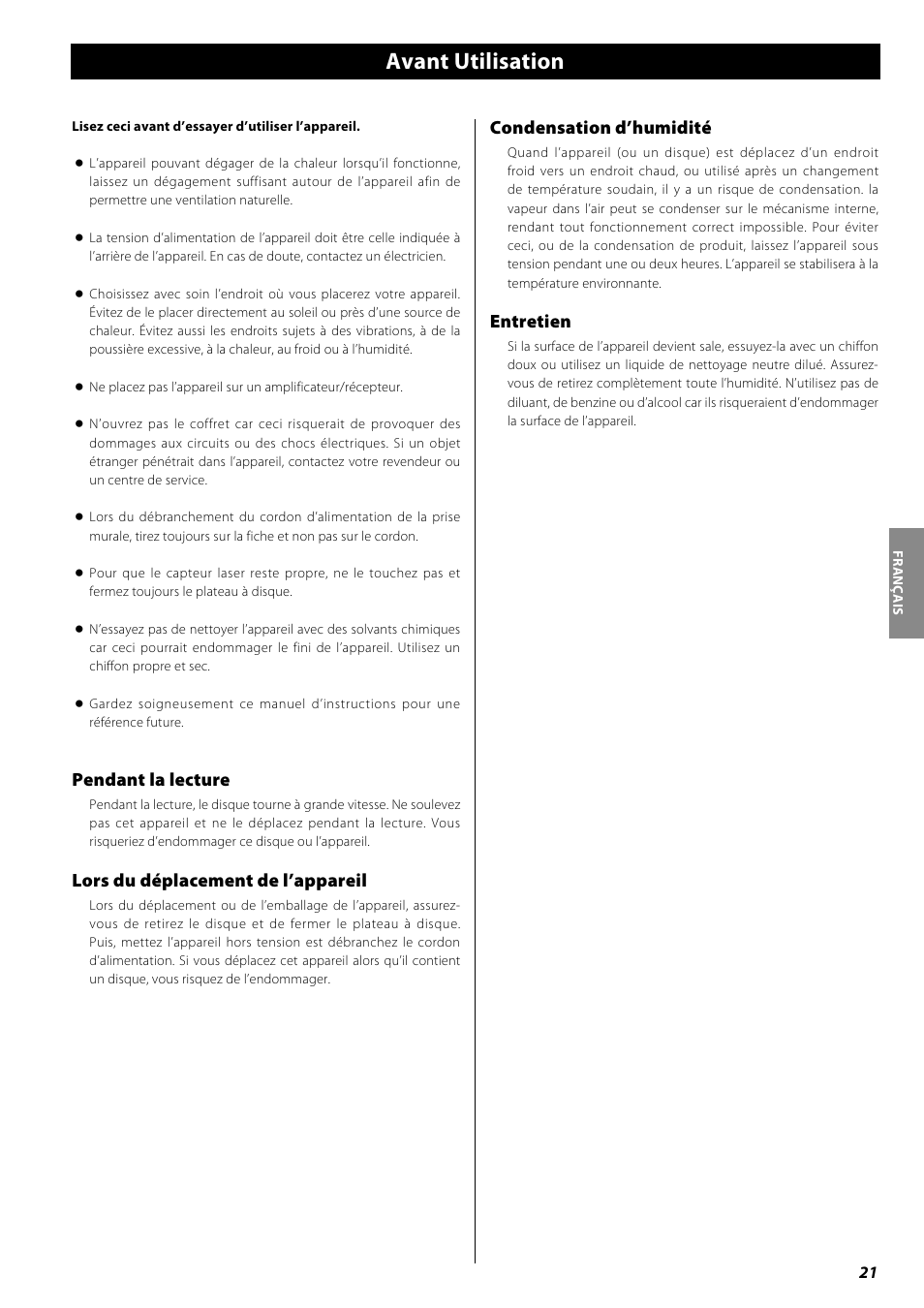 Avant utilisation, Pendant la lecture, Lors du déplacement de l’appareil | Condensation d’humidité, Entretien | Teac PD-H600 User Manual | Page 21 / 52