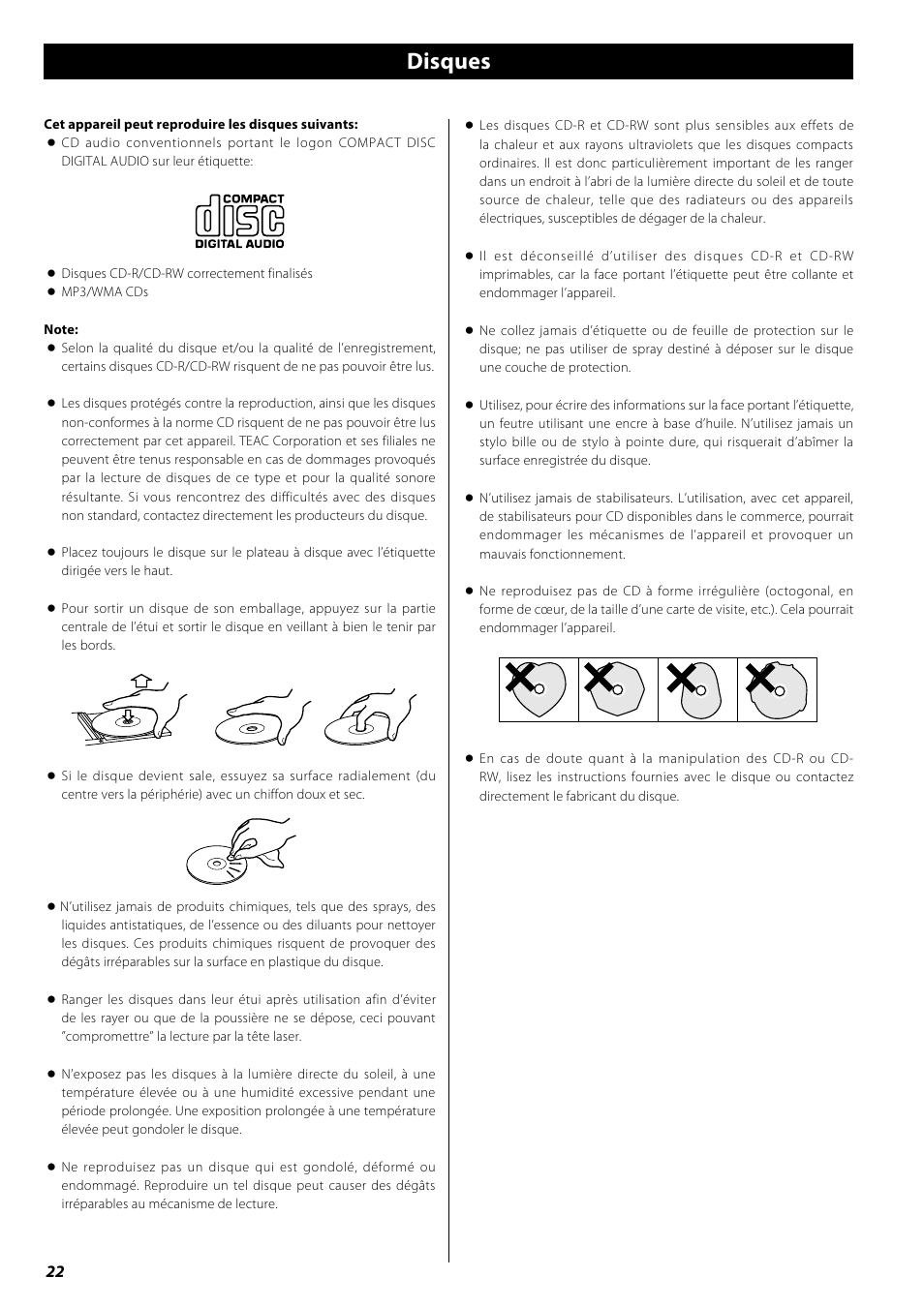 Disques, Mp3 et wma, Boîtier de télécommande | Teac PD-H600 User Manual | Page 22 / 52