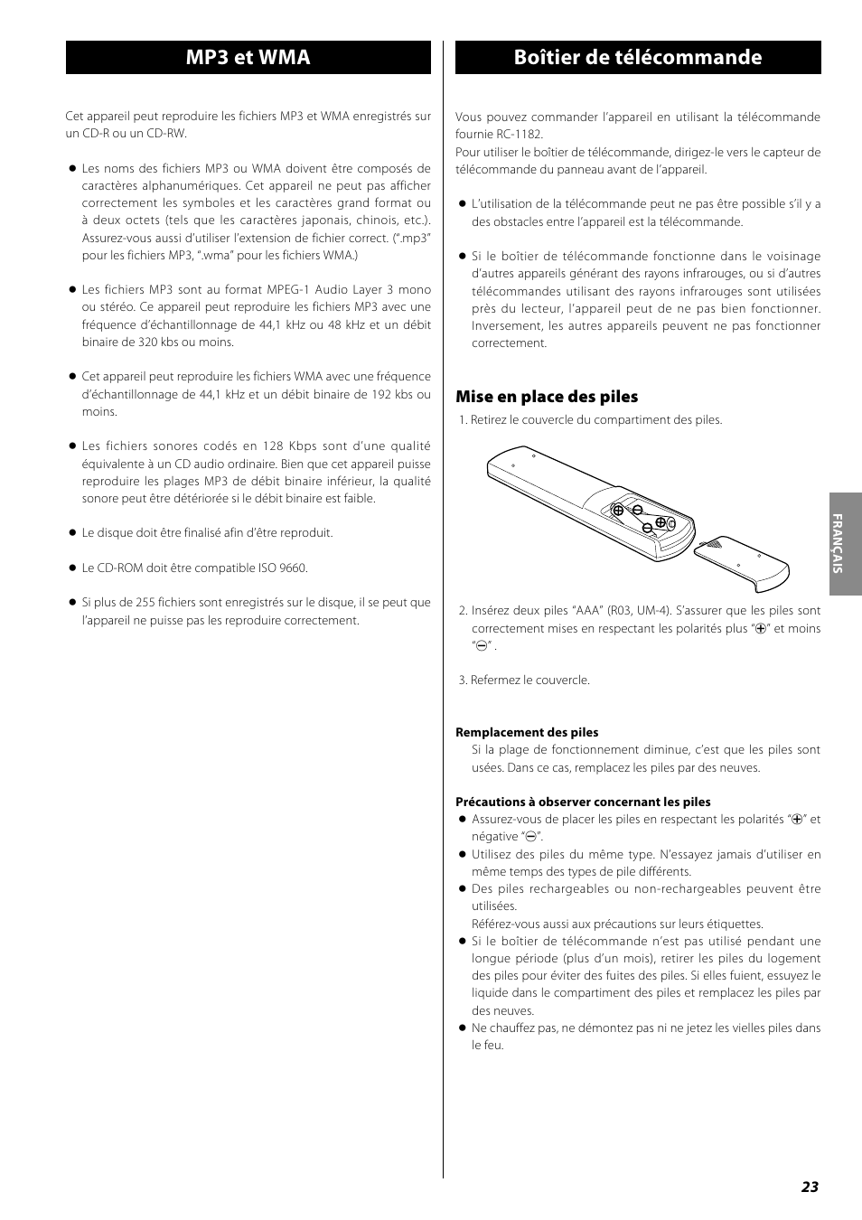 Boîtier de télécommande, Mp3 et wma, Mise en place des piles | Teac PD-H600 User Manual | Page 23 / 52