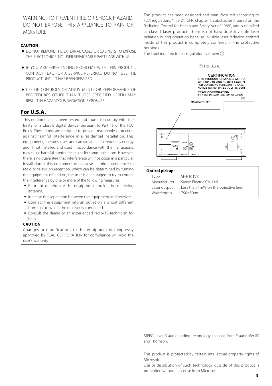 For u.s.a | Teac PD-H600 User Manual | Page 3 / 52