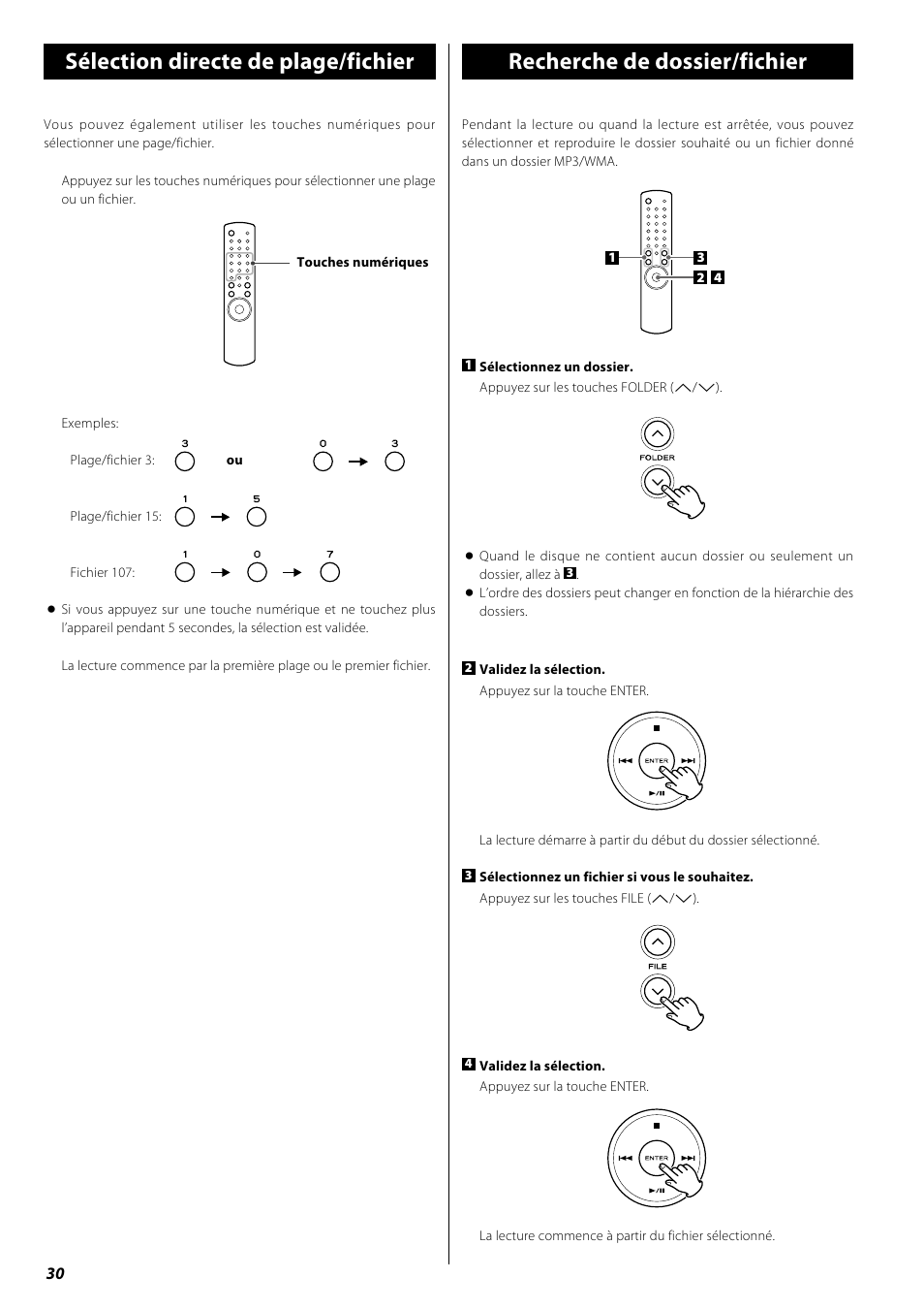 Sélection directe de plage/fichier, Recherche de dossier/fichier, Lecture répétée | Lecture aléatoire | Teac PD-H600 User Manual | Page 30 / 52