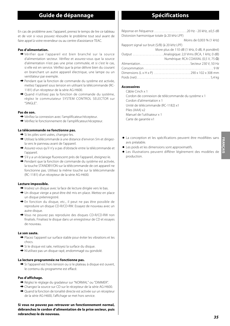Guide de dépannage, Spécifications | Teac PD-H600 User Manual | Page 35 / 52