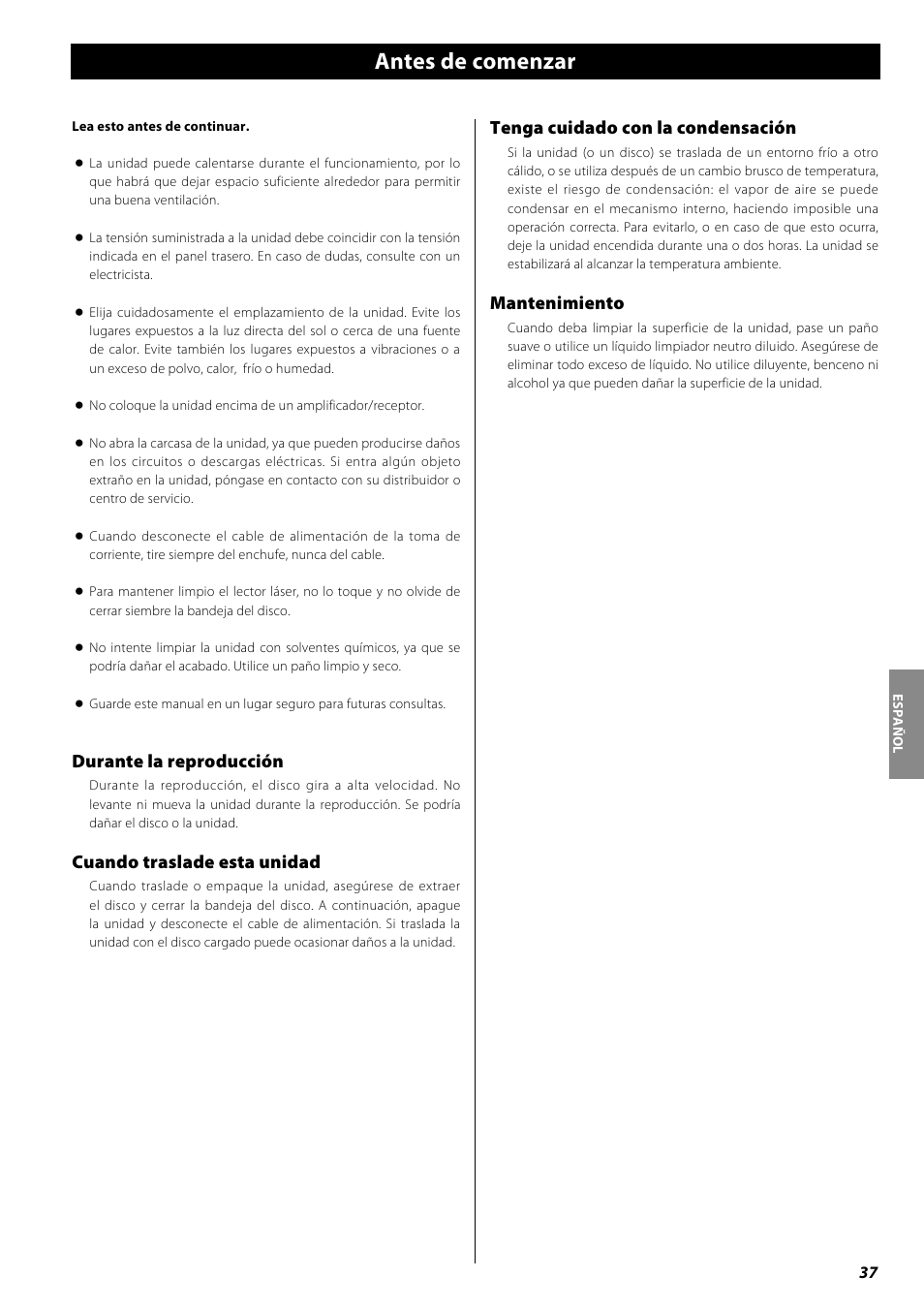 Antes de comenzar, Durante la reproducción, Cuando traslade esta unidad | Tenga cuidado con la condensación, Mantenimiento | Teac PD-H600 User Manual | Page 37 / 52