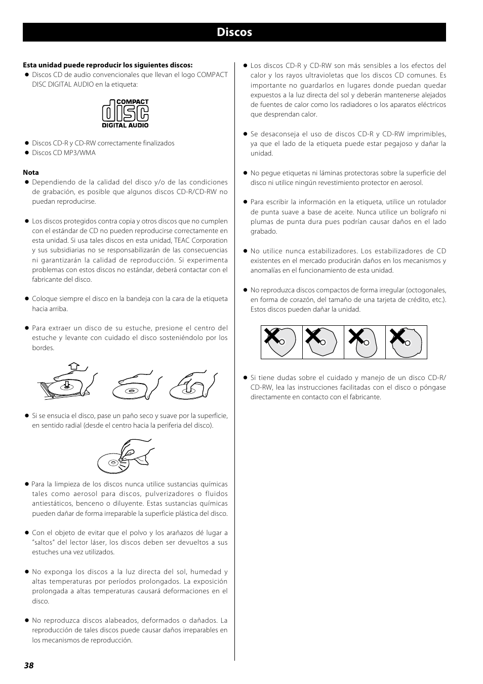 Discos, Mp3 y wma, Mando a distancia | Teac PD-H600 User Manual | Page 38 / 52