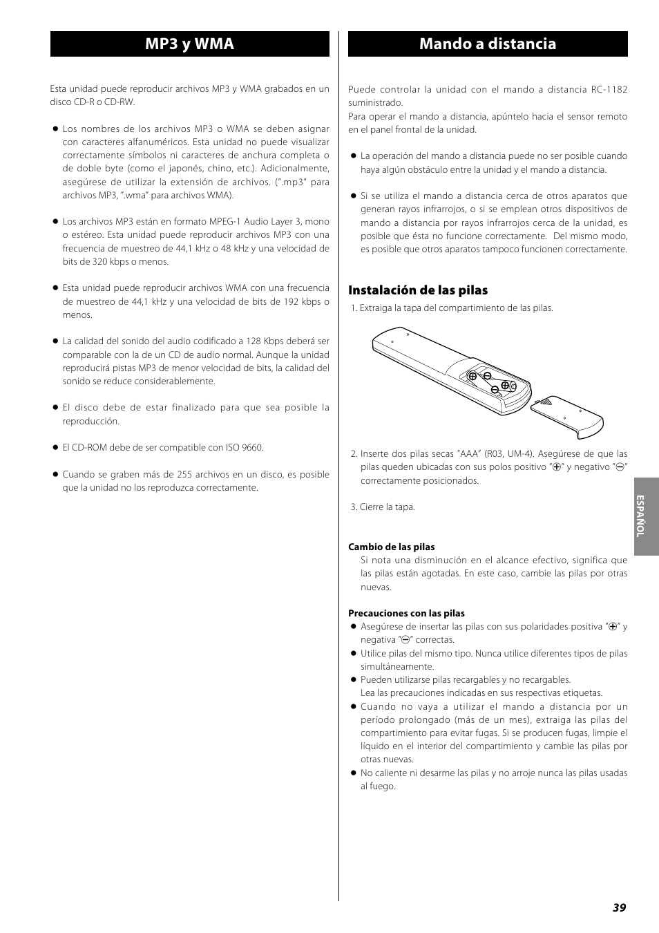 Mando a distancia, Mp3 y wma, Instalación de las pilas | Teac PD-H600 User Manual | Page 39 / 52