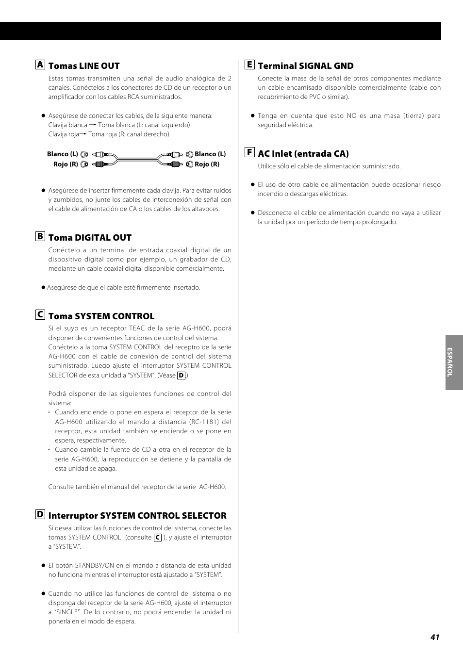 A tomas line out, B toma digital out, C toma system control | D interruptor system control selector, E terminal signal gnd, F ac inlet (entrada ca) | Teac PD-H600 User Manual | Page 41 / 52