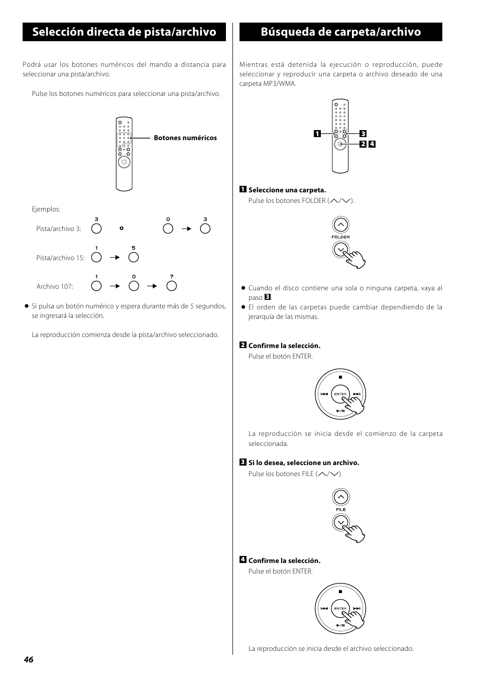 Selección directa de pista/archivo, Búsqueda de carpeta/archivo, Reproducción repetida | Reproducción aleatoria | Teac PD-H600 User Manual | Page 46 / 52