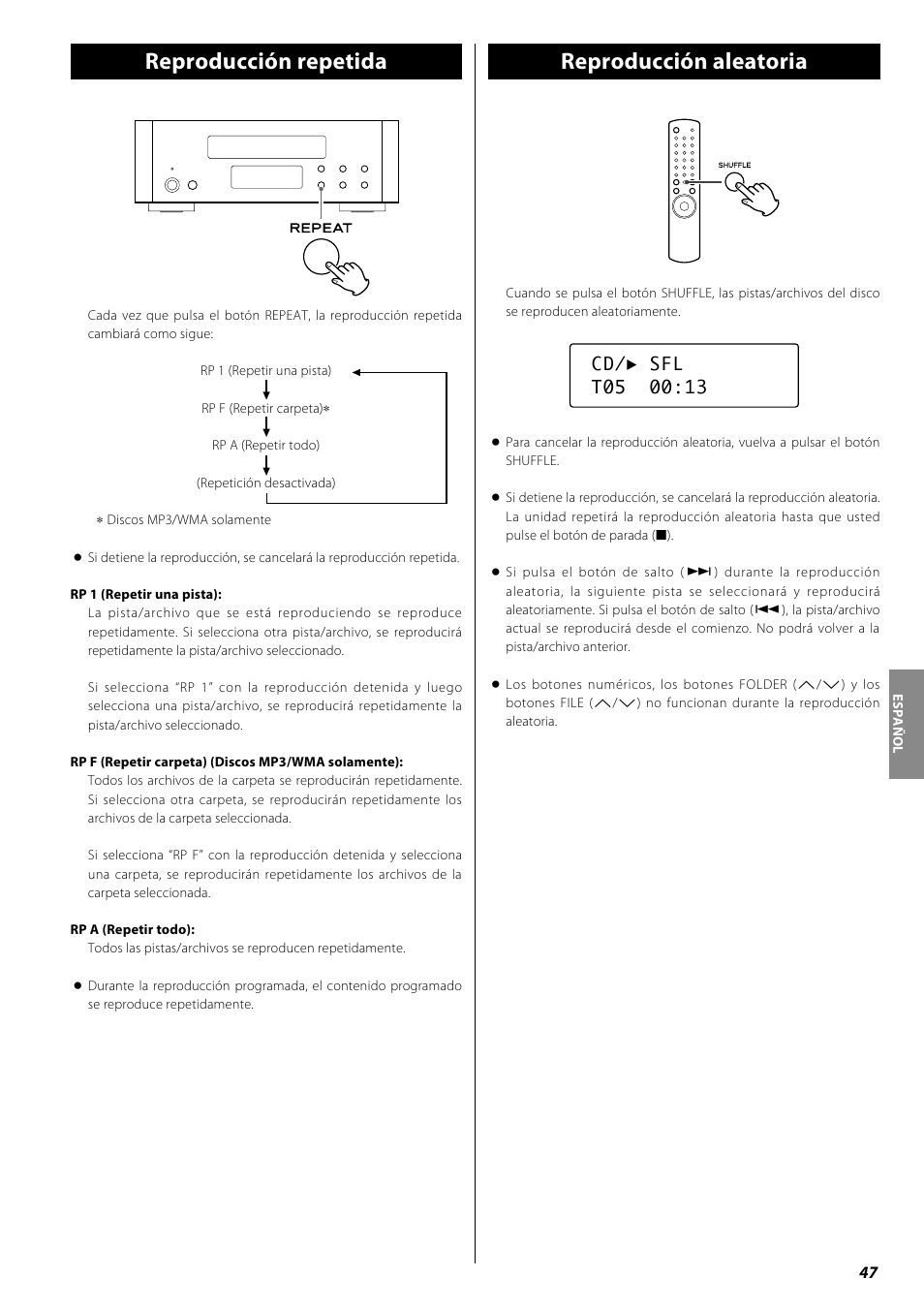 Reproducción repetida, Reproducción aleatoria | Teac PD-H600 User Manual | Page 47 / 52