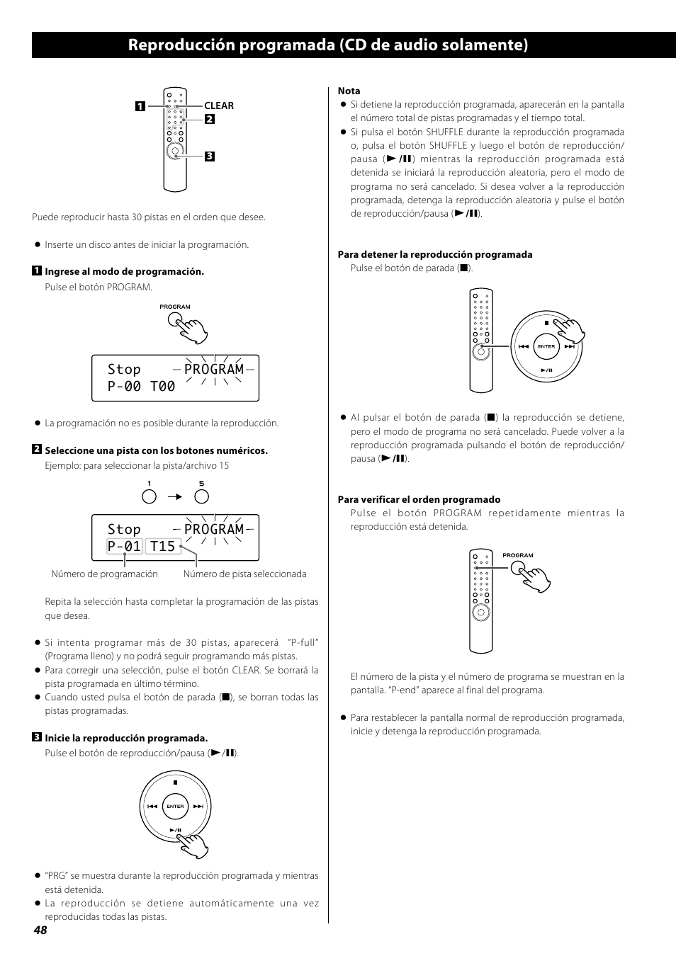 Reproducción programada (cd de audio solamente), Atenuador de luz, Stop program p-00 t00 | Stop program p-01 t15 | Teac PD-H600 User Manual | Page 48 / 52
