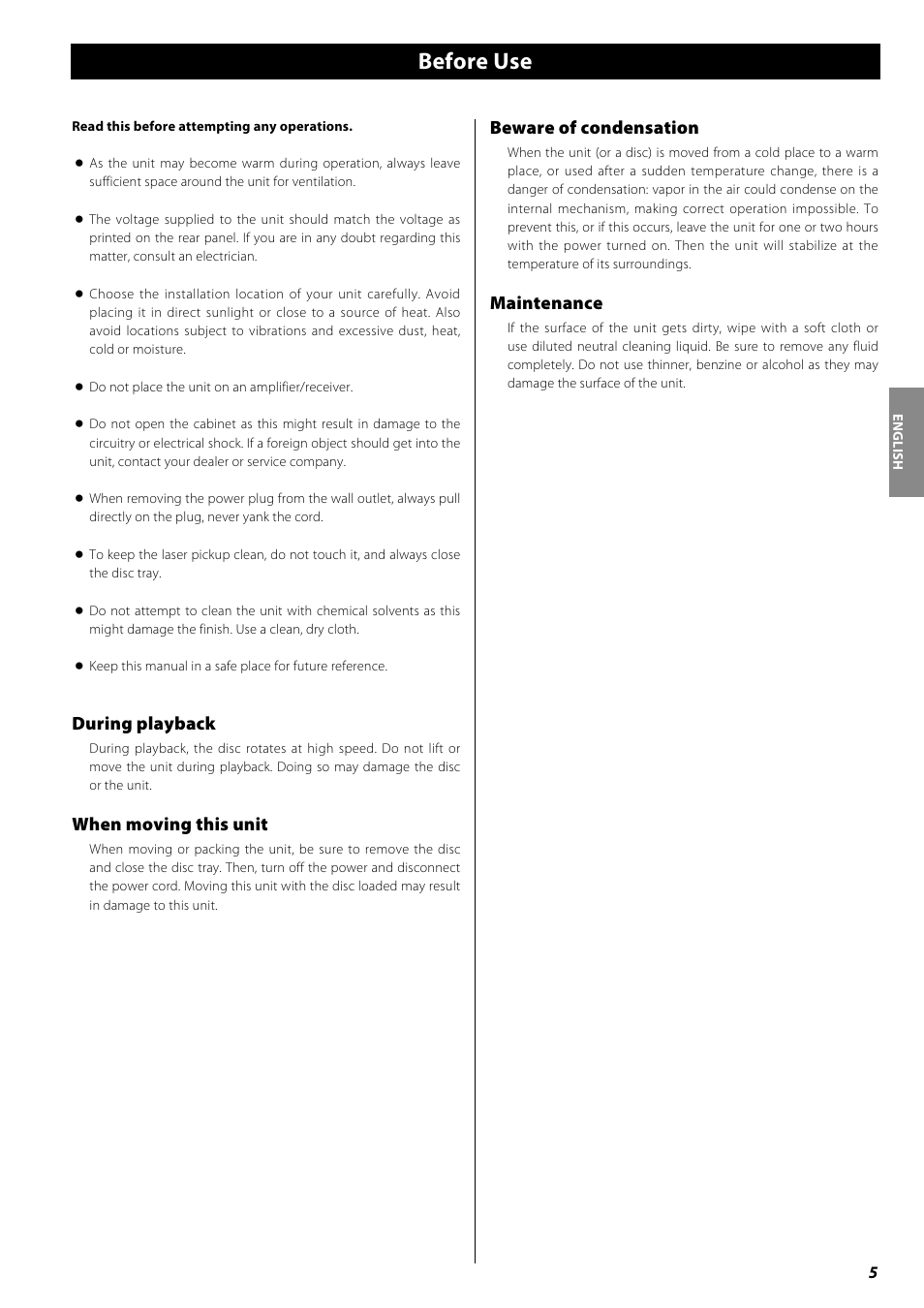 Before use, During playback, When moving this unit | Beware of condensation, Maintenance | Teac PD-H600 User Manual | Page 5 / 52