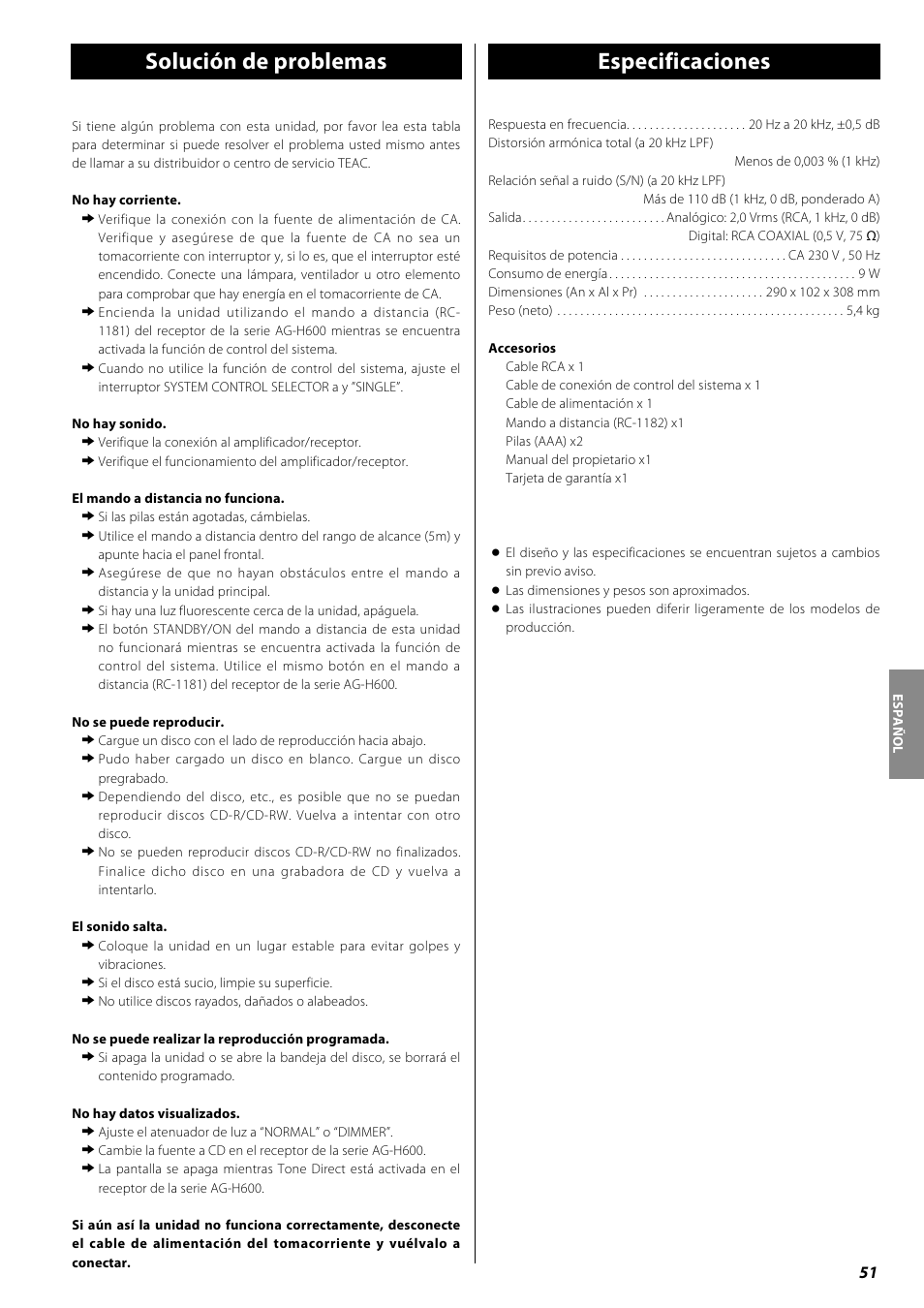 Solución de problemas, Especificaciones | Teac PD-H600 User Manual | Page 51 / 52