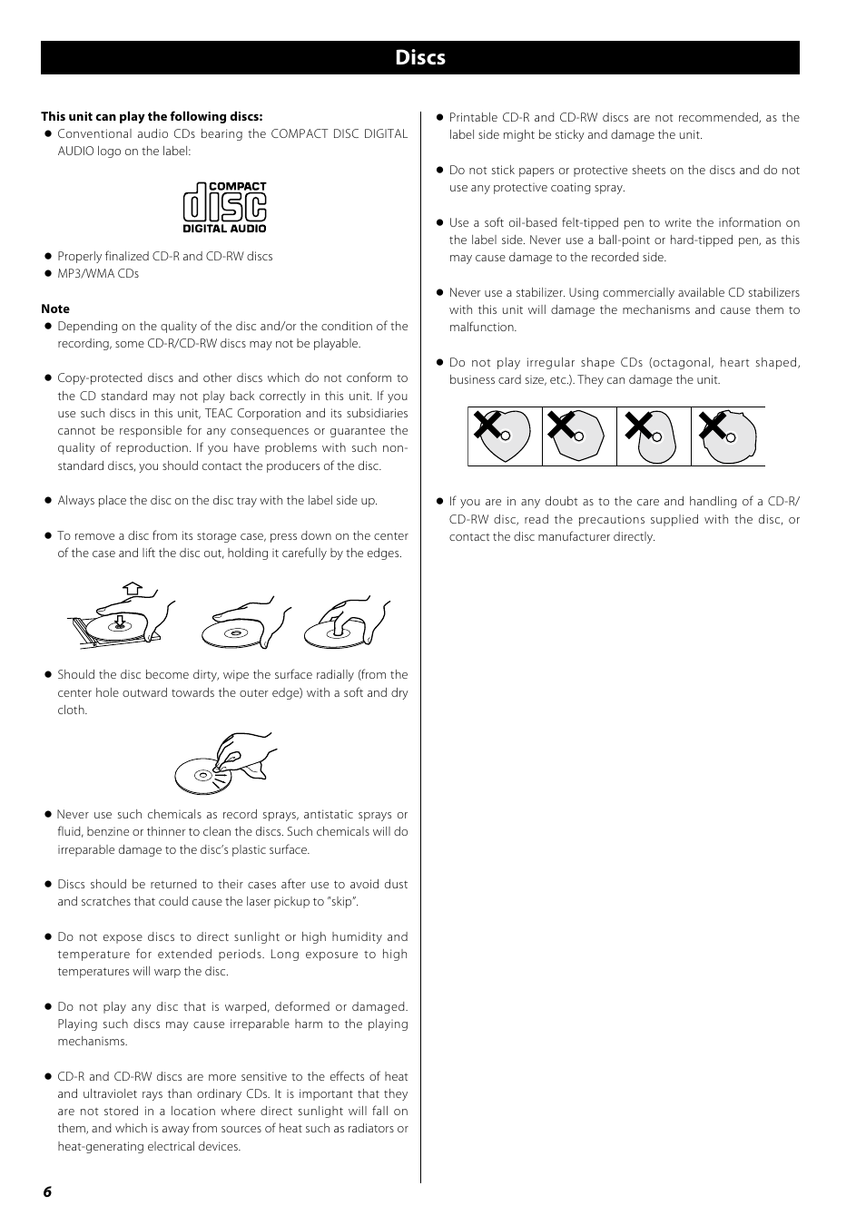 Discs, Mp3 and wma, Remote control unit | Teac PD-H600 User Manual | Page 6 / 52