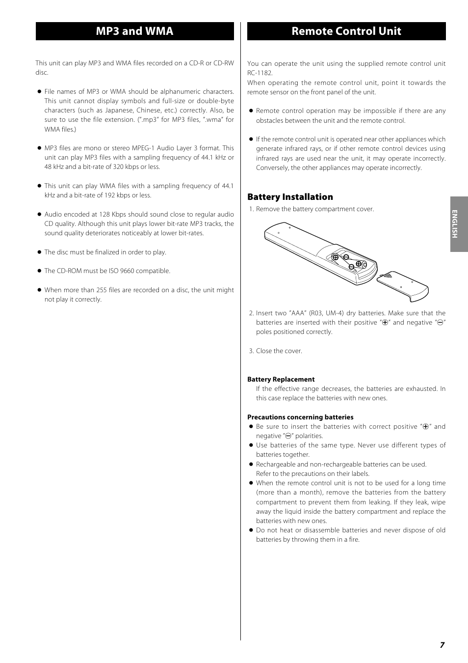 Remote control unit, Mp3 and wma, Battery installation | Teac PD-H600 User Manual | Page 7 / 52