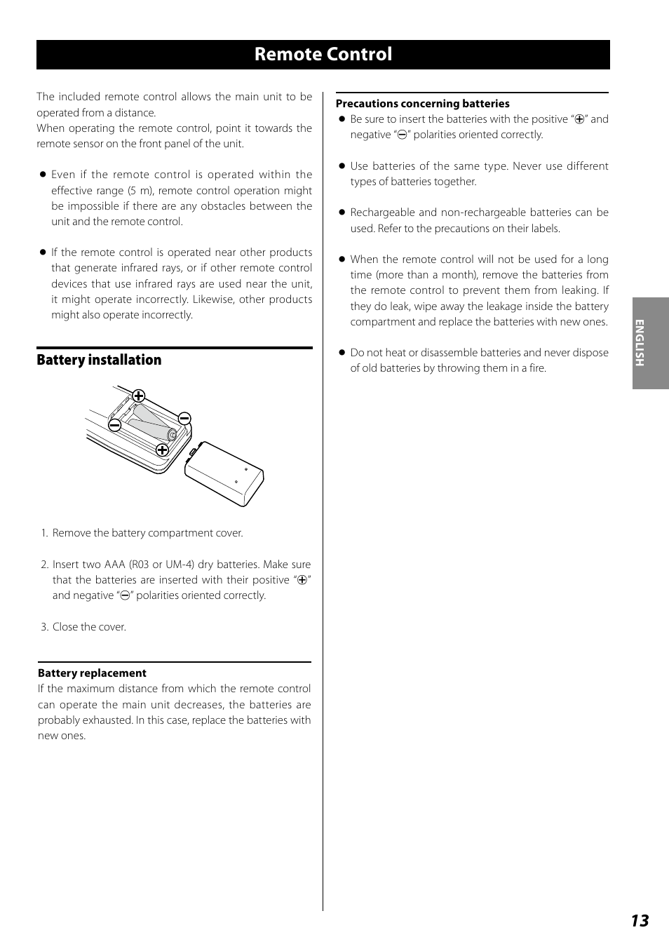 Remote control, Battery installation | Teac SL-D920 User Manual | Page 13 / 88
