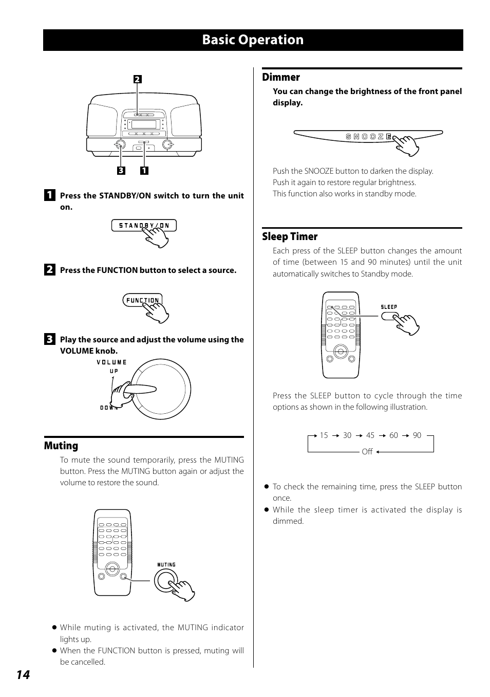 Basic operation, Muting, Dimmer | Sleep timer | Teac SL-D920 User Manual | Page 14 / 88