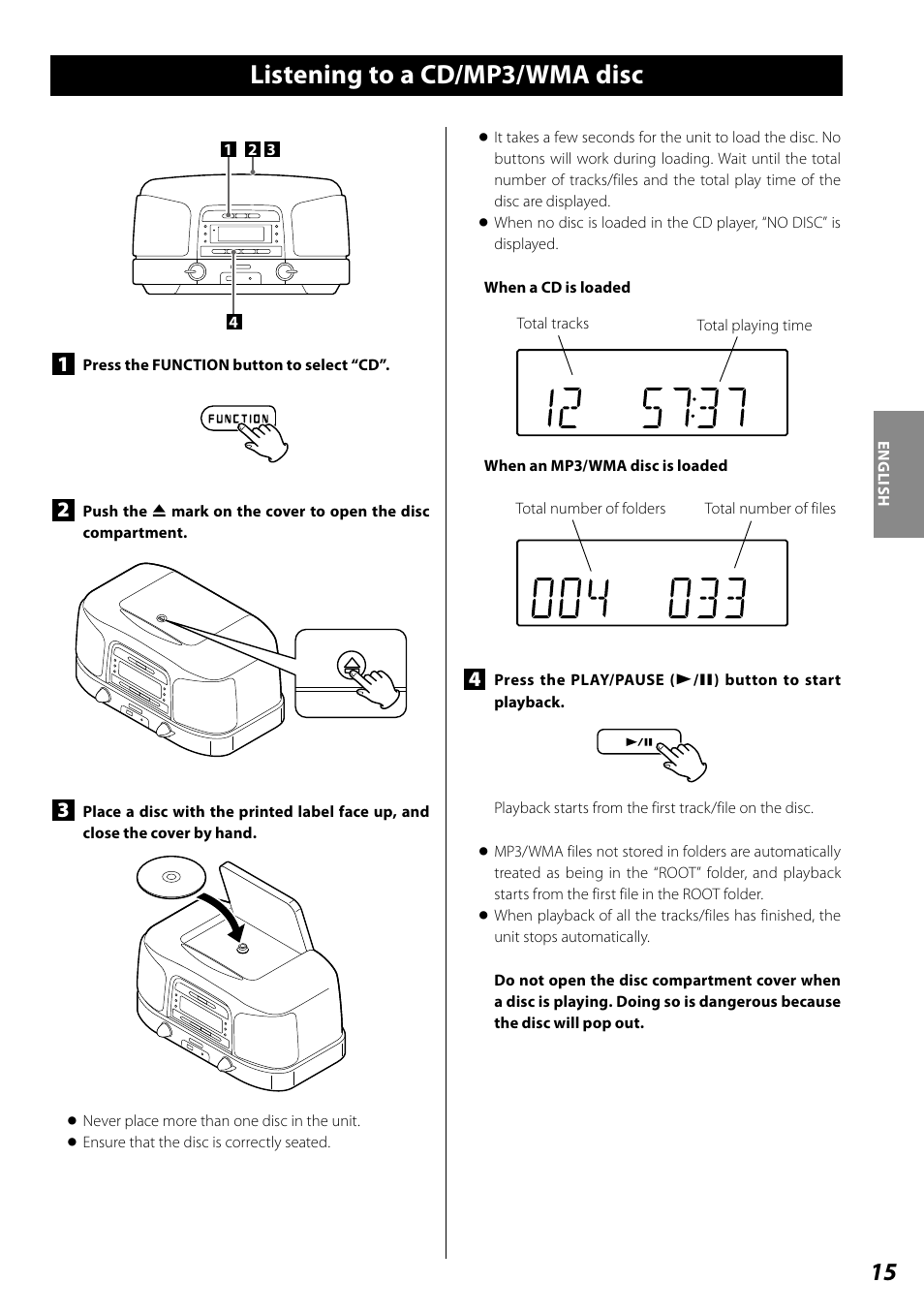 Listening to a cd/mp3/wma disc | Teac SL-D920 User Manual | Page 15 / 88