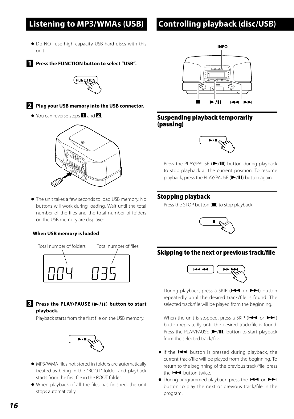 Listening to mp3/wmas (usb), Controlling playback (disc/usb), Stopping playback | Teac SL-D920 User Manual | Page 16 / 88