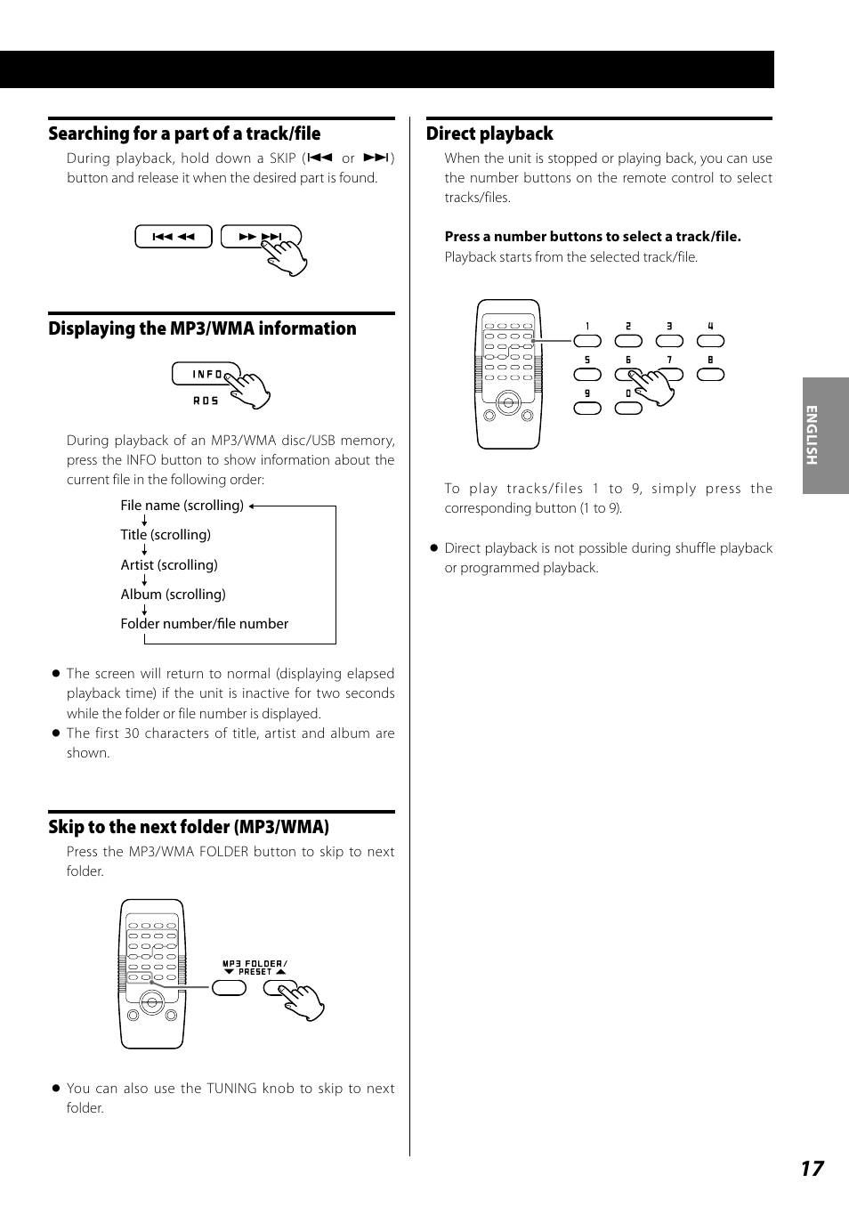 Program playback, Searching for a part of a track/file, Displaying the mp3/wma information | Skip to the next folder (mp3/wma), Direct playback | Teac SL-D920 User Manual | Page 17 / 88