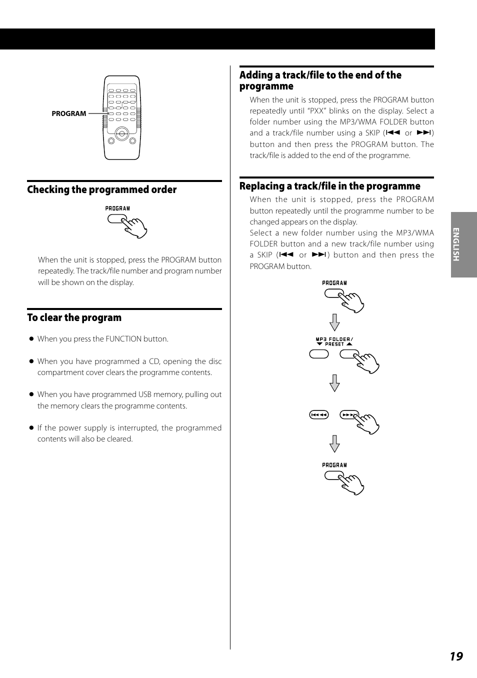 Checking the programmed order, Adding a track/file to the end of the programme, Replacing a track/file in the programme | Teac SL-D920 User Manual | Page 19 / 88