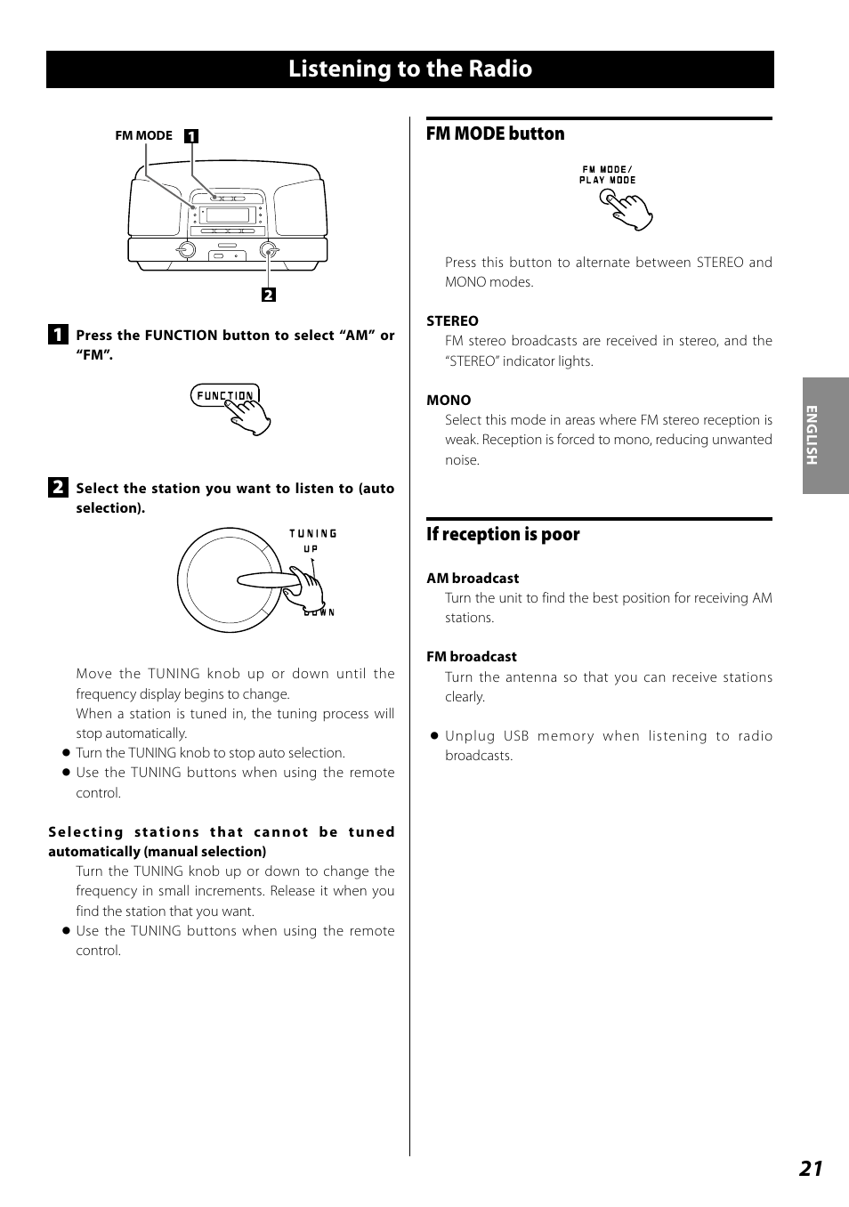 Listening to the radio, Preset tuning, Fm mode button | If reception is poor | Teac SL-D920 User Manual | Page 21 / 88