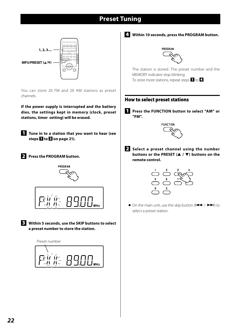 Rds (pty search), Preset tuning, How to select preset stations 1 | Teac SL-D920 User Manual | Page 22 / 88