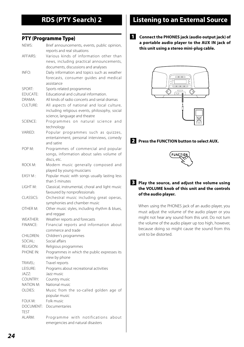 Listening to an external source, Rds (pty search) 2 listening to an external source, Pty (programme type) | Teac SL-D920 User Manual | Page 24 / 88