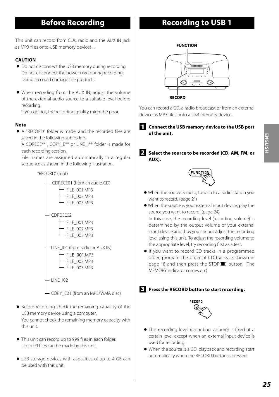 Before recording, Recording to usb, Recording to usb 1 | Teac SL-D920 User Manual | Page 25 / 88