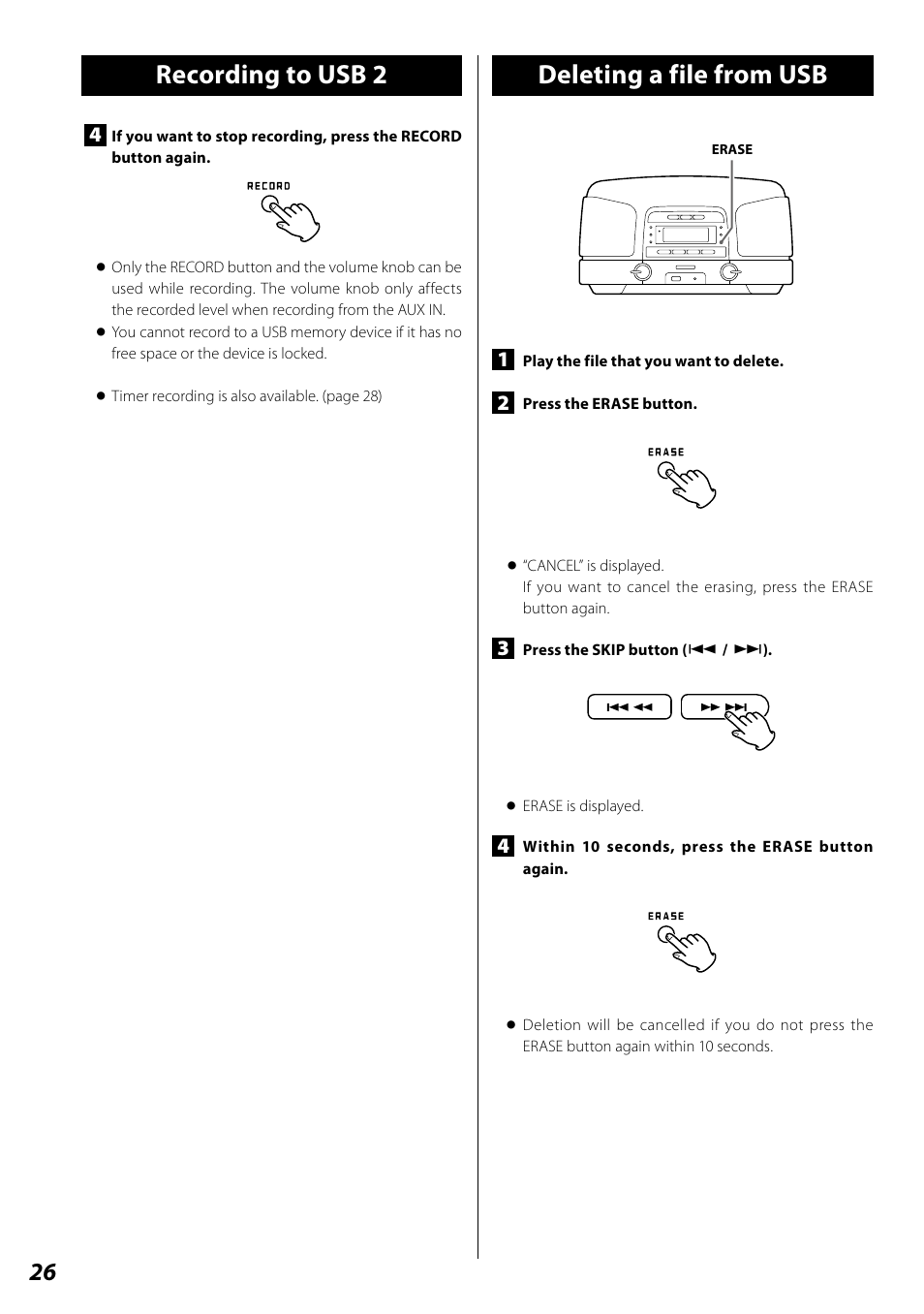 Deleting a file from usb, Deleting a file from usb recording to usb 2 | Teac SL-D920 User Manual | Page 26 / 88