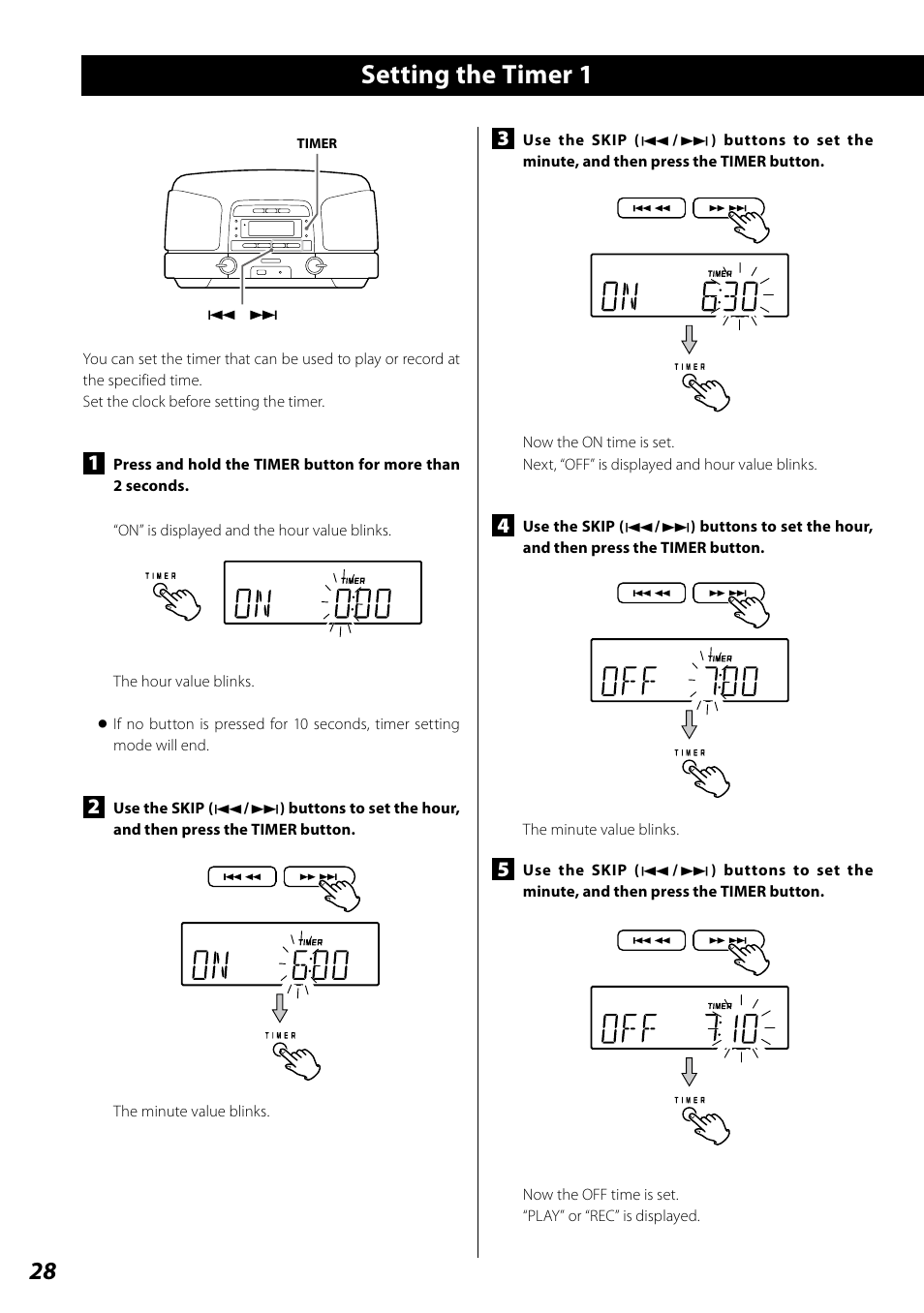 Setting the timer, Setting the timer 1 | Teac SL-D920 User Manual | Page 28 / 88