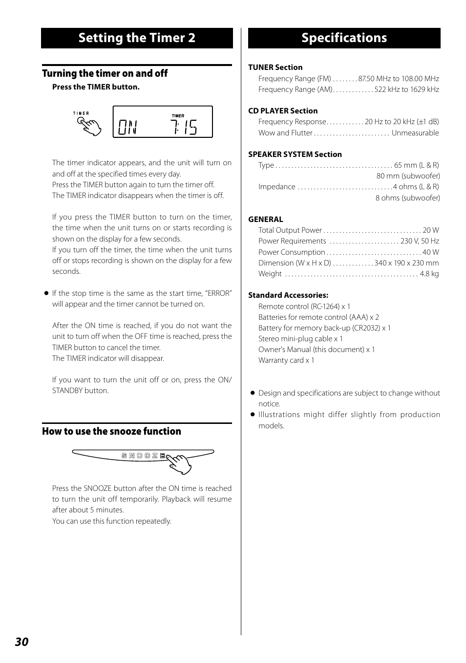 Setting the timer 2 specifications, Turning the timer on and off, How to use the snooze function | Teac SL-D920 User Manual | Page 30 / 88