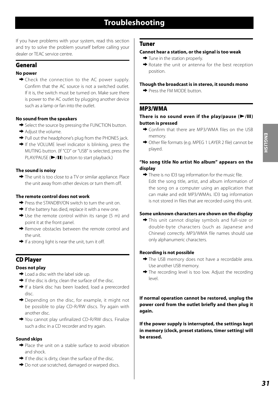 Troubleshooting, General, Cd player | Tuner, Mp3/wma | Teac SL-D920 User Manual | Page 31 / 88