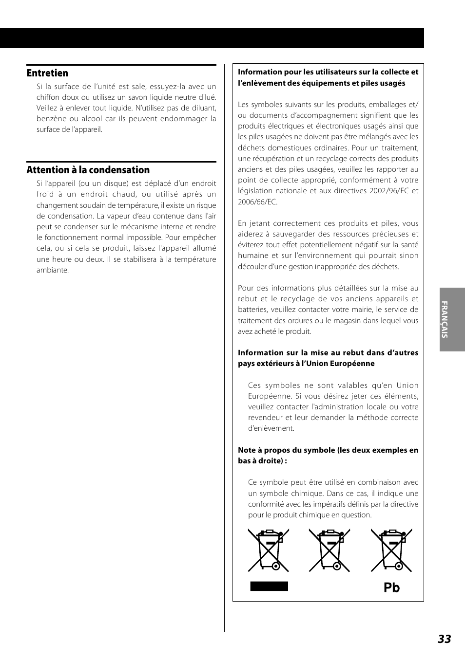 Entretien, Attention à la condensation | Teac SL-D920 User Manual | Page 33 / 88