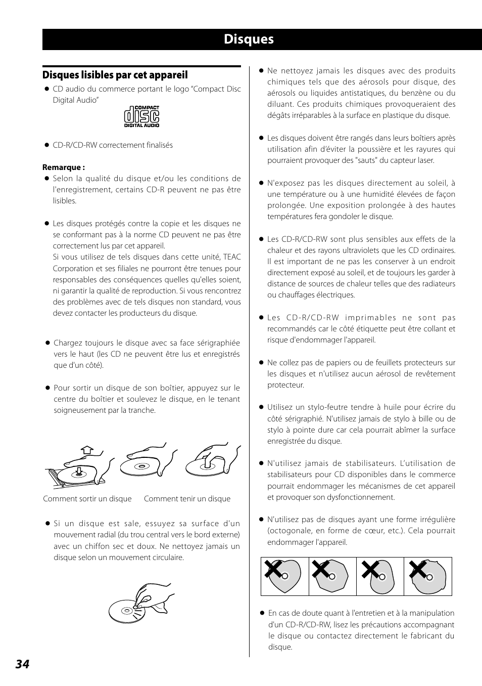 Disques, Disques lisibles par cet appareil | Teac SL-D920 User Manual | Page 34 / 88