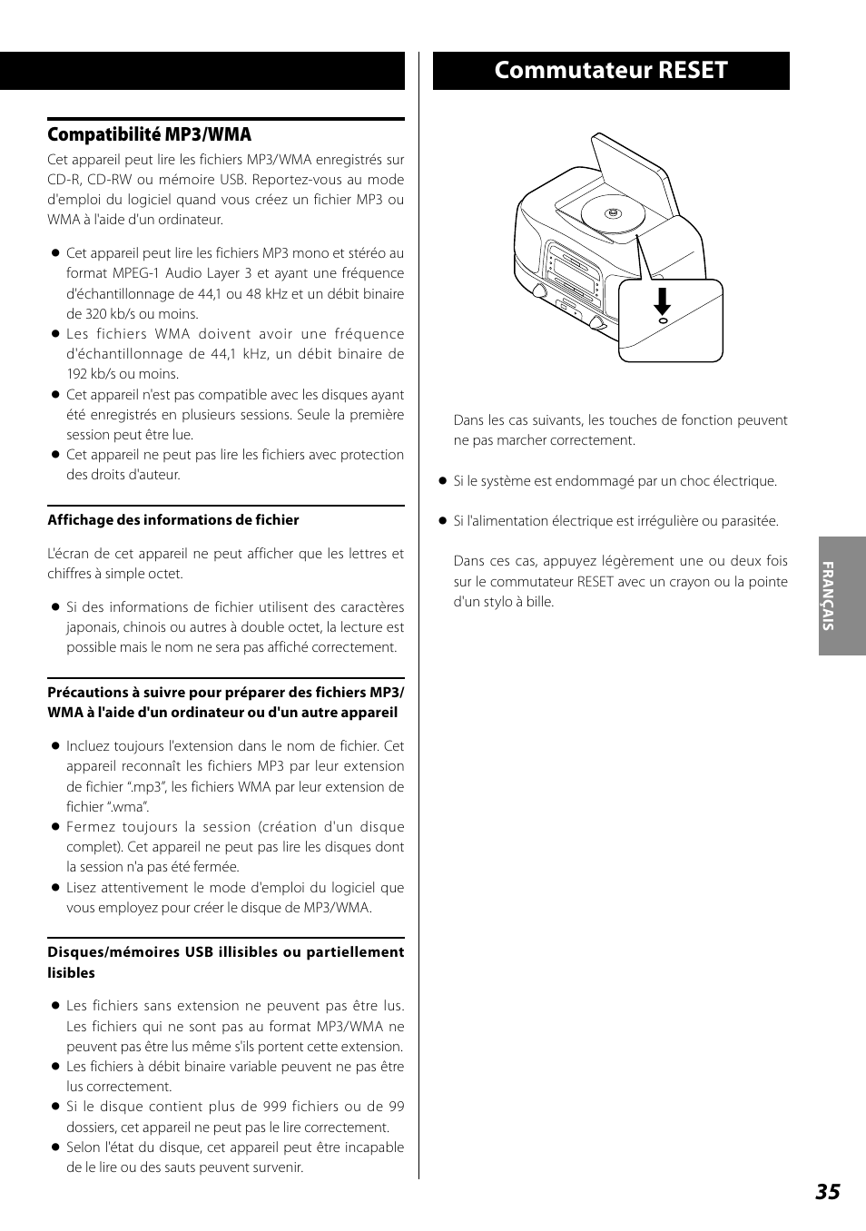 Commutateur reset, Compatibilité mp3/wma | Teac SL-D920 User Manual | Page 35 / 88