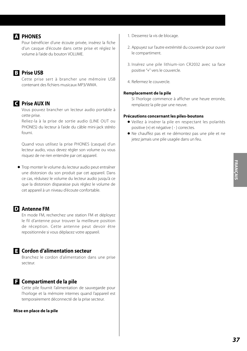 Nom des commandes, Phones, Bprise usb | Cprise aux in, Dantenne fm, Ecordon d’alimentation secteur, Fcompartiment de la pile | Teac SL-D920 User Manual | Page 37 / 88