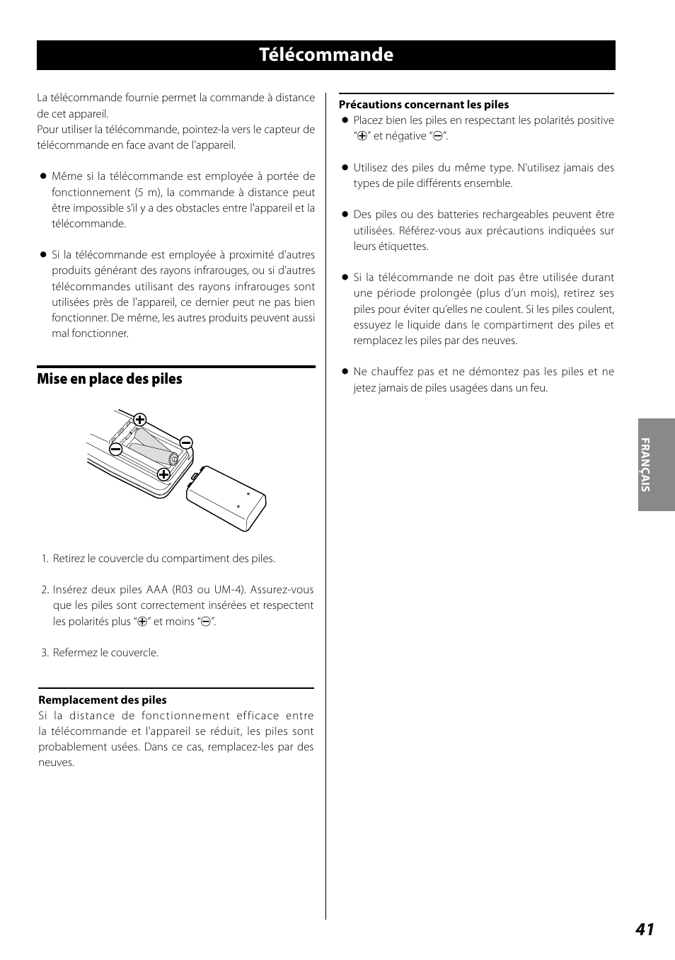 Télécommande, Fonctionnement de base, Mise en place des piles | Teac SL-D920 User Manual | Page 41 / 88