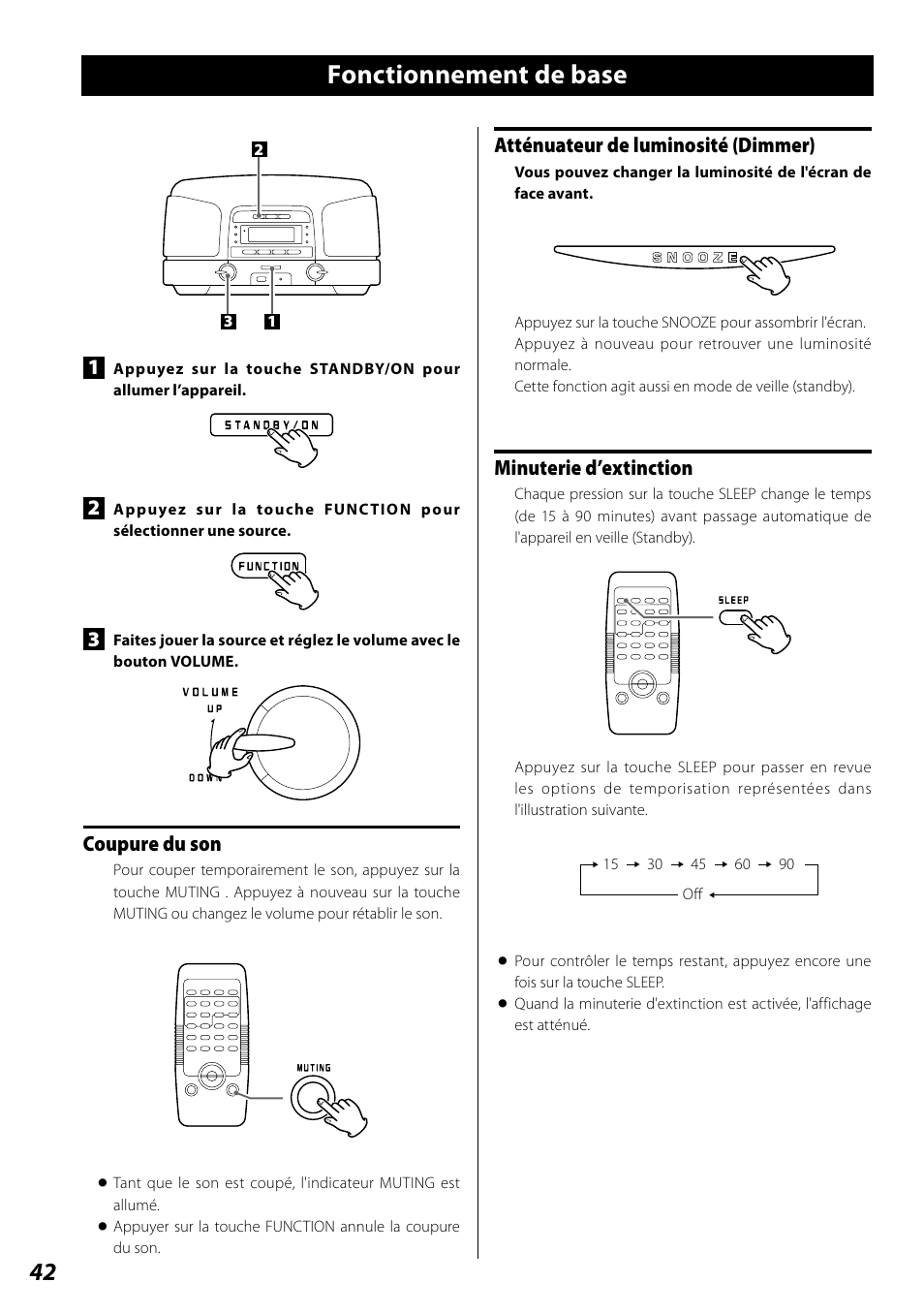 Fonctionnement de base, Atténuateur de luminosité (dimmer), Minuterie d’extinction | Coupure du son | Teac SL-D920 User Manual | Page 42 / 88
