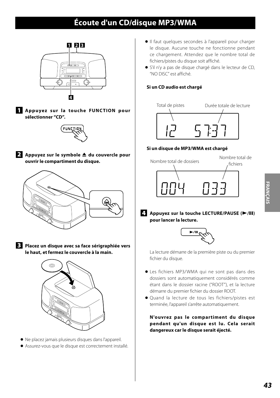 Écoute d'un cd/disque mp3/wma | Teac SL-D920 User Manual | Page 43 / 88