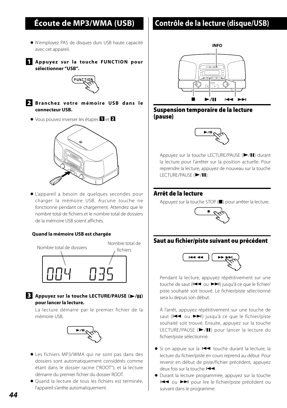 Écoute de mp3/wma (usb), Contrôle de la lecture (disque/usb), Arrêt de la lecture | Teac SL-D920 User Manual | Page 44 / 88