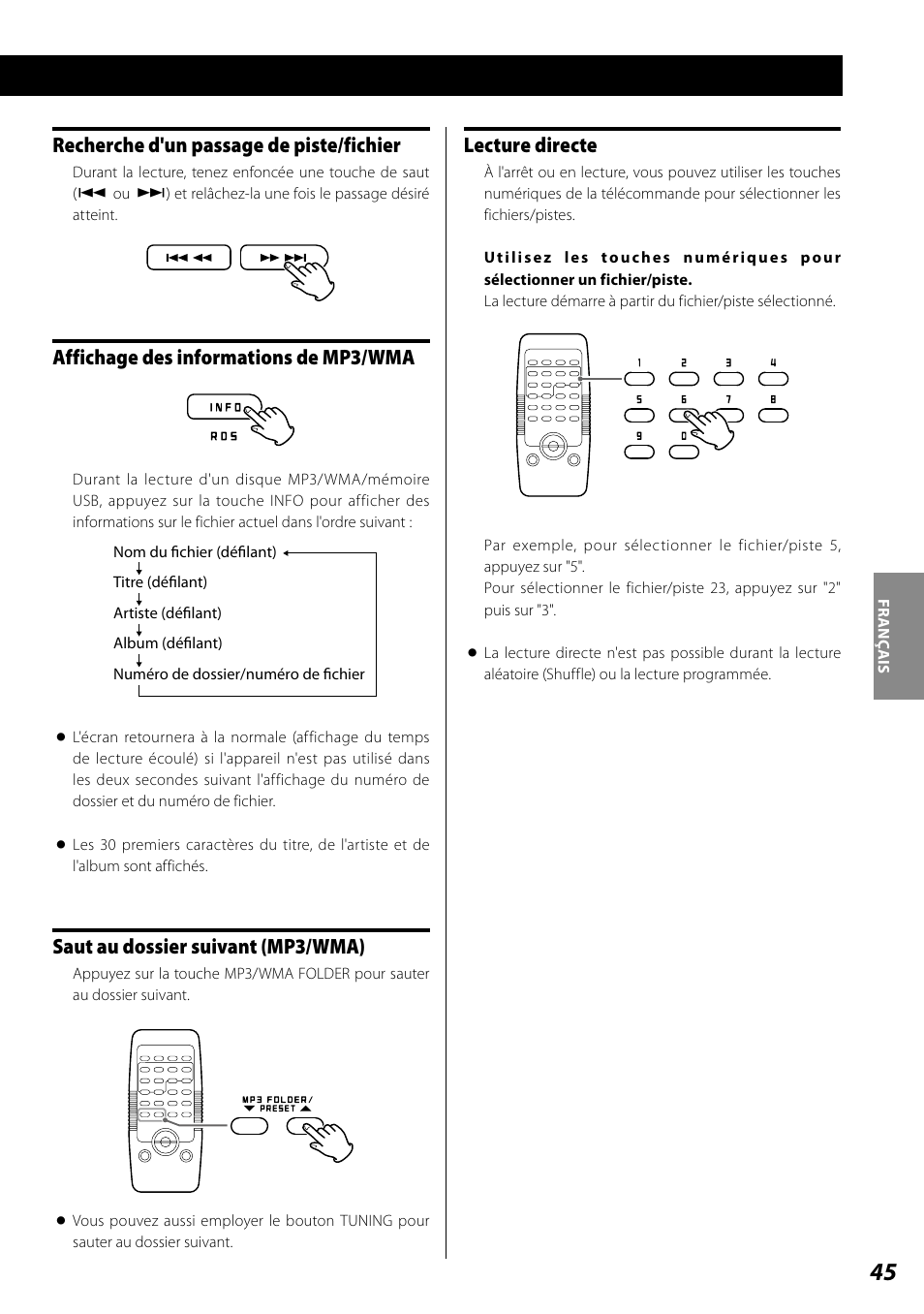 Lecture de programme, Recherche d'un passage de piste/fichier, Affichage des informations de mp3/wma | Saut au dossier suivant (mp3/wma), Lecture directe | Teac SL-D920 User Manual | Page 45 / 88